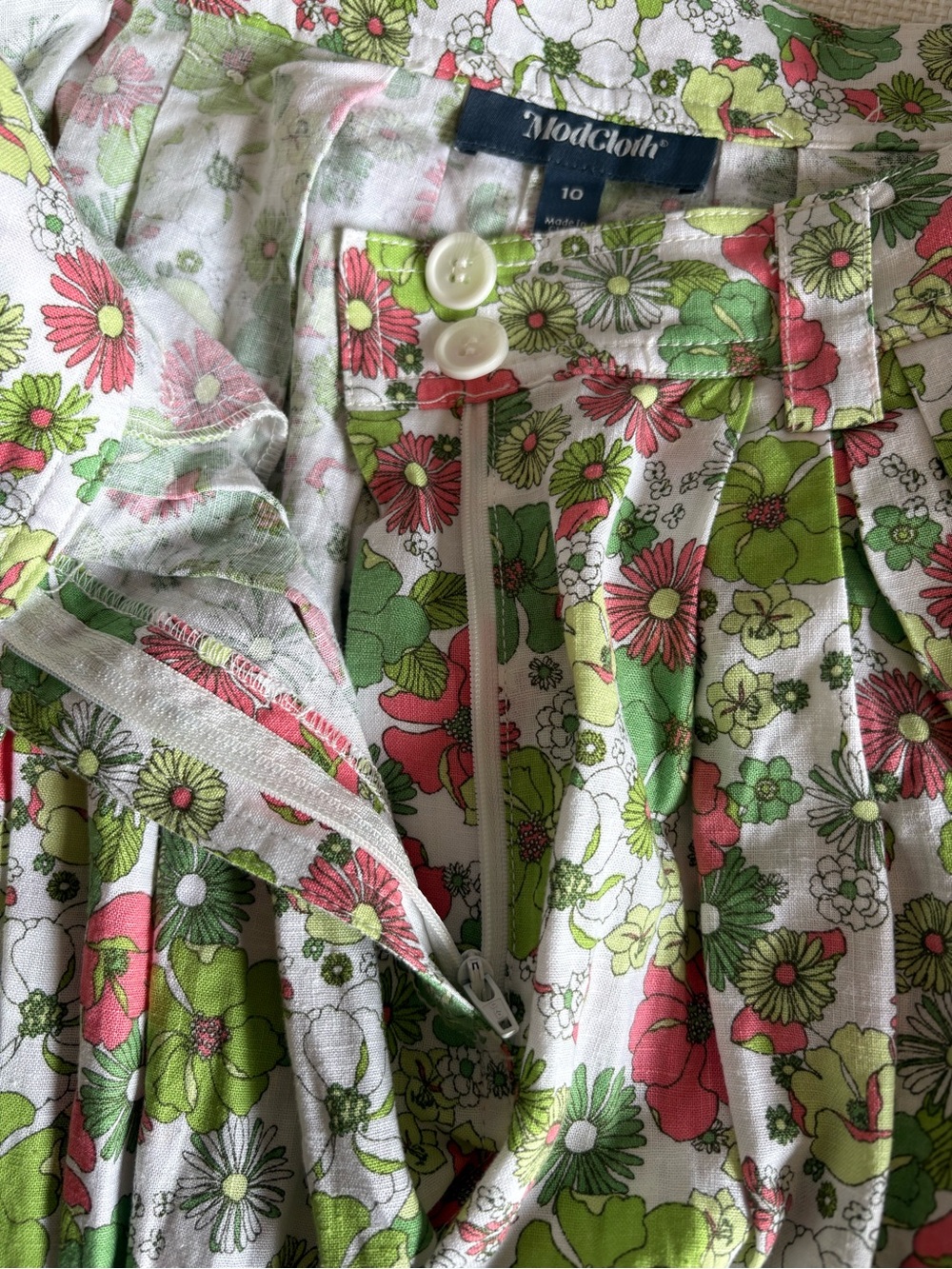 Modcloth Linen Blnd Floral Midi Skirt Size 10 Pink Green A Line Cottagecore - Picture 6 of 8